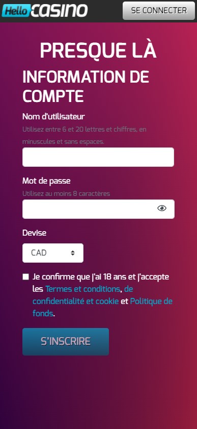 Image 2 du processus d'inscription de Playzee Casino