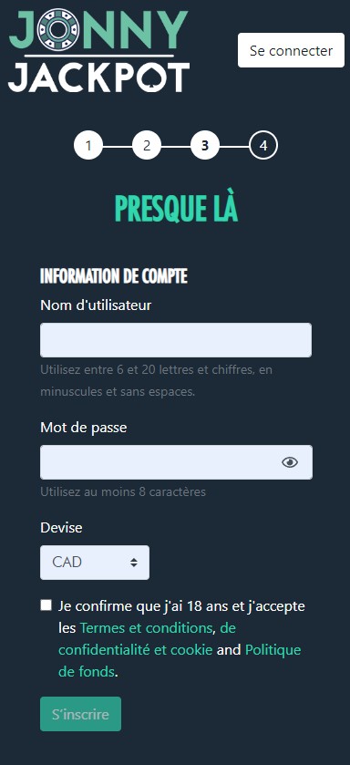 Image du Processus d'Inscription à Jonny Jackpot 5