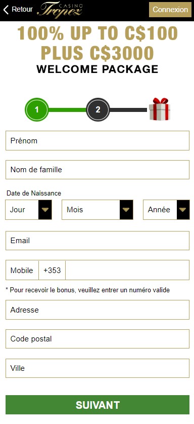 Voici la première image qui illustre comment se déroule le processus d'inscription sur Casino Tropez.