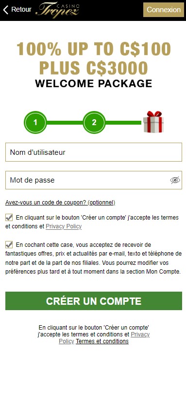 La deuxième image montre les étapes successives du processus d'inscription tel que requis par Casino Tropez.
