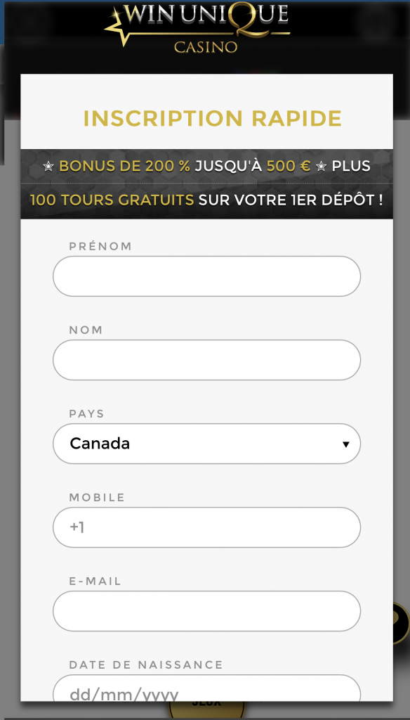 Première image du processus d'inscription à Unique Casino.