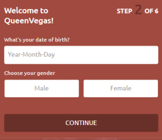 Étape 2 du processus d'inscription au QueenVegas Casino.