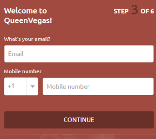 Étape 3 du processus d'inscription au QueenVegas Casino.