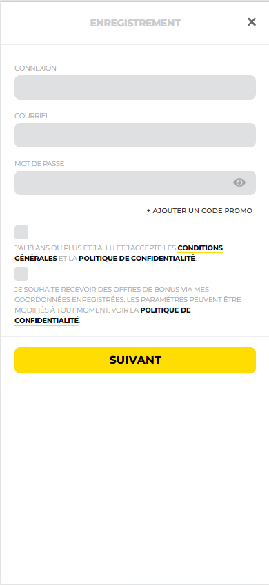 Illustration de l'étape 1 du processus d'inscription à Energy Casino