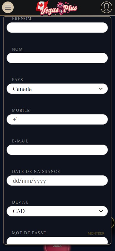 Image du processus d'inscription au VegasPlus Casino 2.