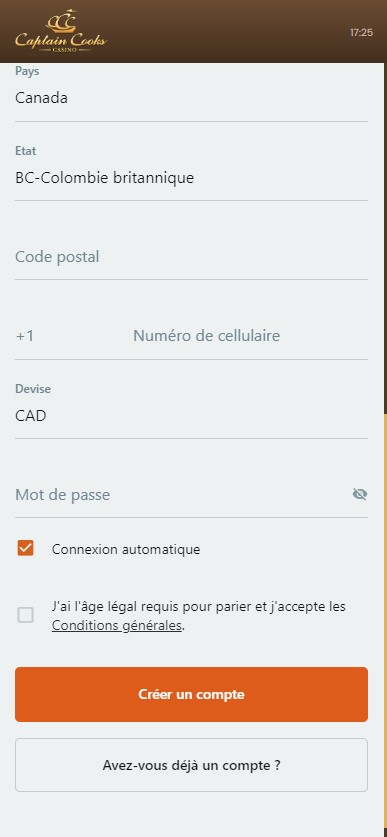 Captain Cooks Casino Image du Process d'Inscription 2