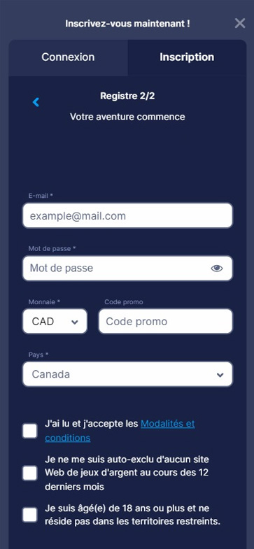 Image de la procédure d'inscription du BetCoco Casino étape 1.