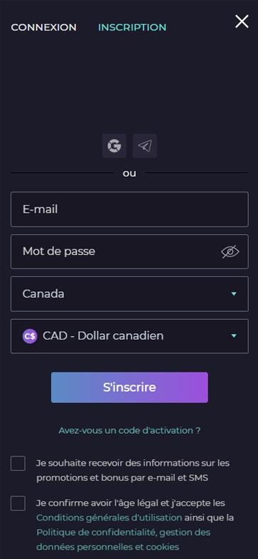 Image du processus d'enregistrement chez Izzi Casino, première étape.