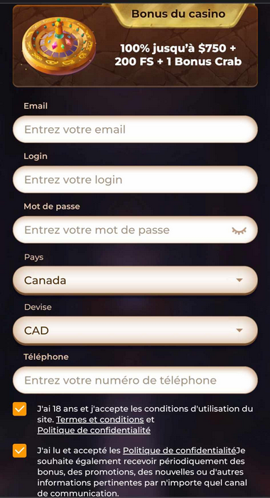 Images du processus d'inscription au Casino AmunRA (2ème étape).