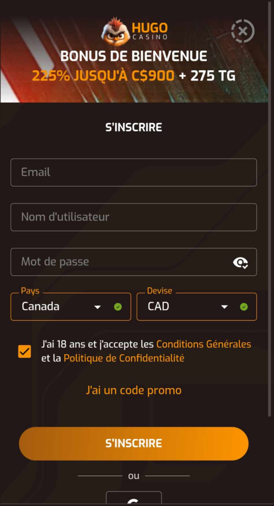 Première image du processus d'inscription au Hugo Casino