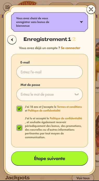Illustration étape 2 du processus d'inscription au Vinyl Casino.