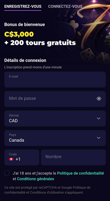 Image concernant le processus d'inscription au Lucky7even Casino - Première étape.