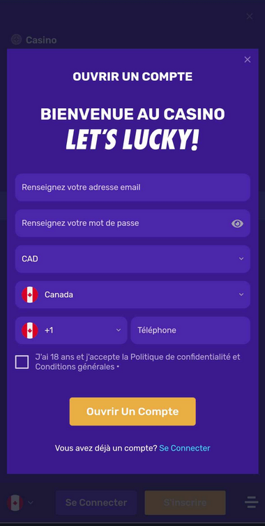 Image du processus d'inscription Let's Lucky Casino 2.