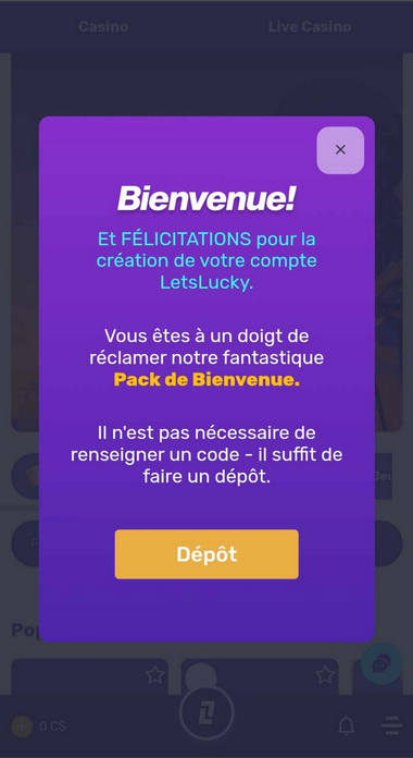 Image du processus d'inscription Let's Lucky Casino 1.