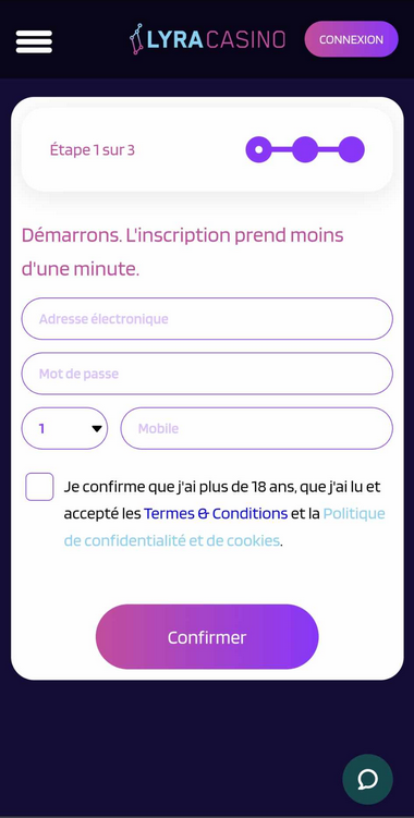Image 1 du processus d'inscription chez Lyra Casino