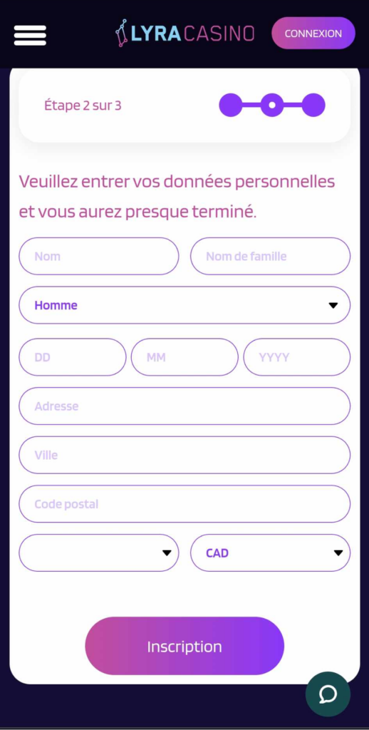 Image 2 du processus d'inscription chez Lyra Casino