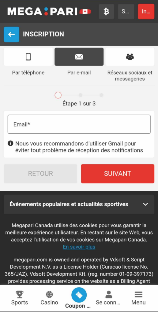 Image 3 : Processus d'inscription chez MegaPari Casino