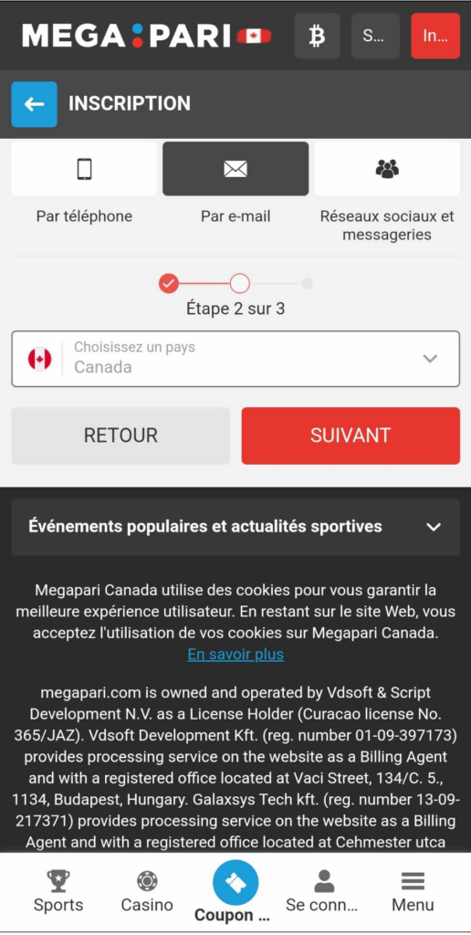 Image 2 : Processus d'inscription chez MegaPari Casino