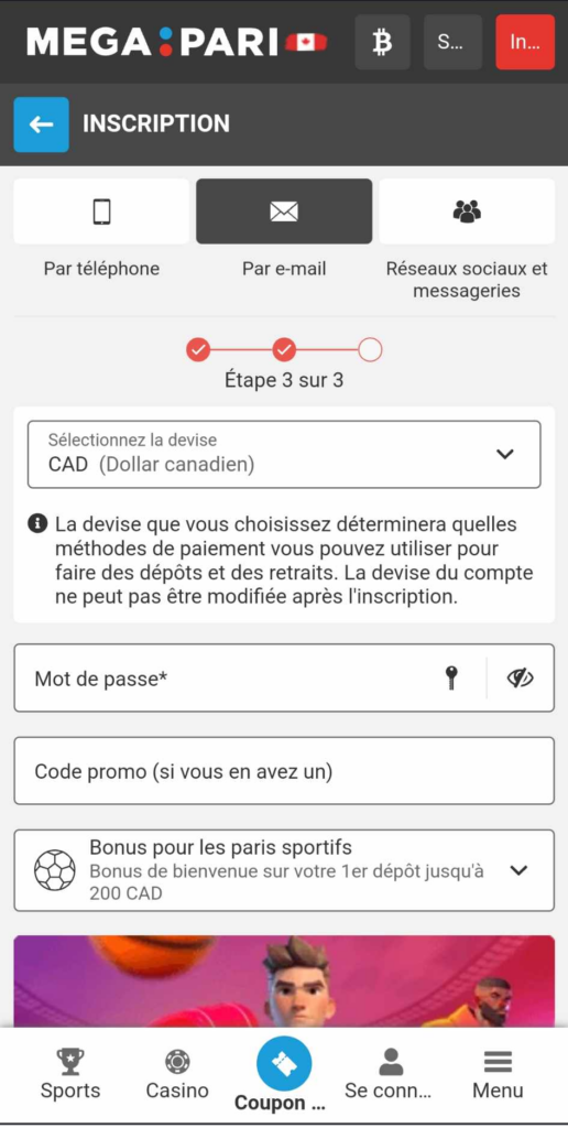 Image 1 : Processus d'inscription chez MegaPari Casino