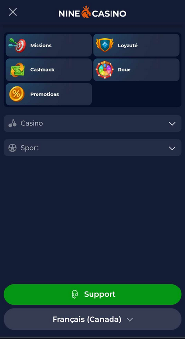 Vue mobile de NineCasino 2