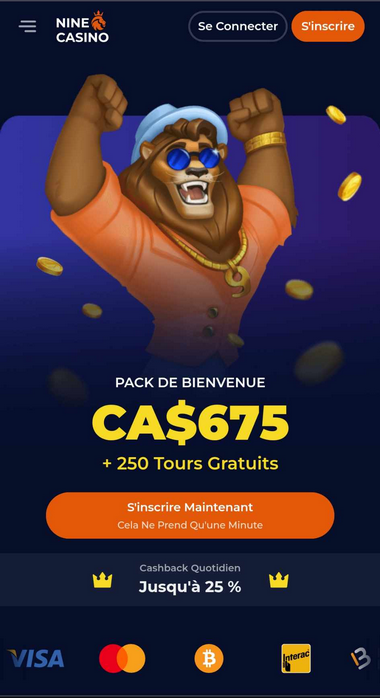 Vue mobile de NineCasino 1