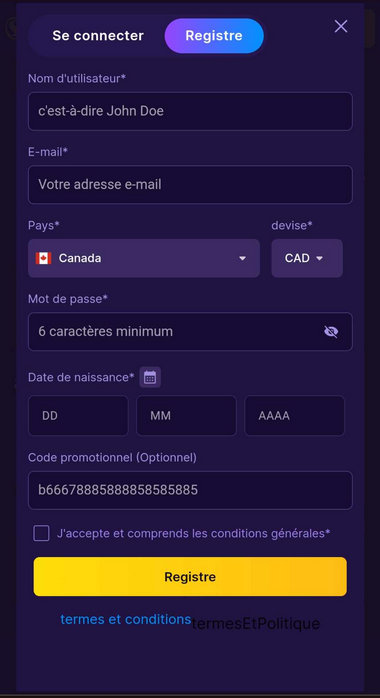 Image de la procédure d'inscription de SpinBet Casino.