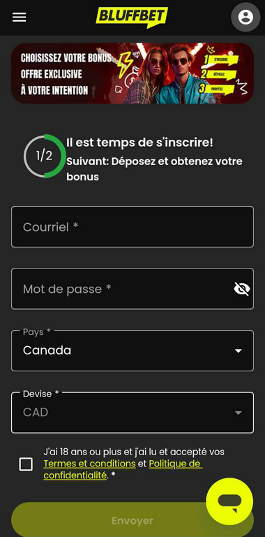 Image étape 2 du processus d'inscription du Bluffbet Casino