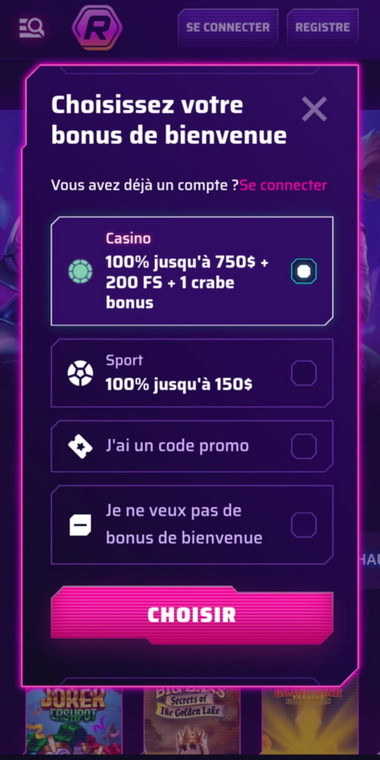 Image de la première étape du processus d'inscription chez Roby Casino.