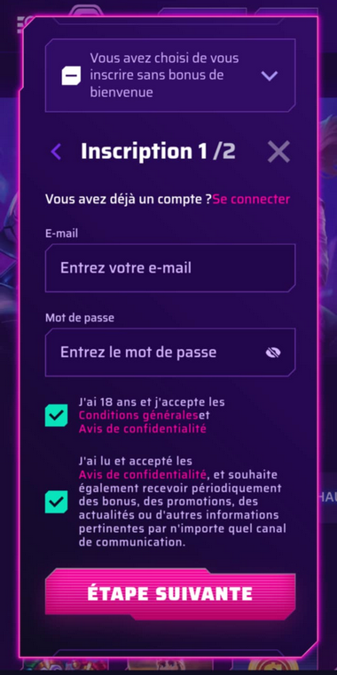 Image de la deuxième étape du processus d'inscription chez Roby Casino.