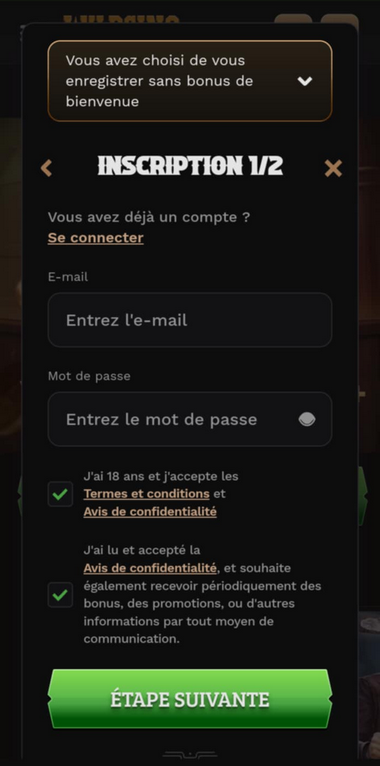 Image illustrant le processus d'inscription pour Wildsino - Deuxième étape.