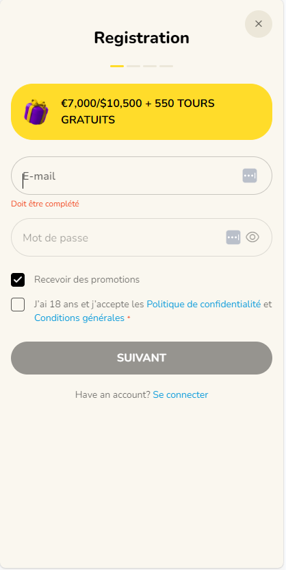 Images illustrant le processus d'inscription au FatFruit Casino.