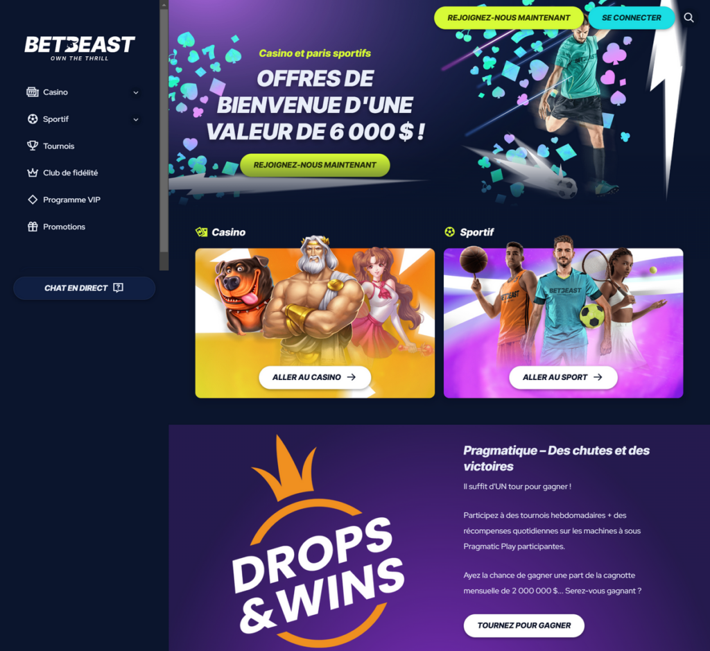 Vue d'ensemble BetBeast Casino Desktop 1