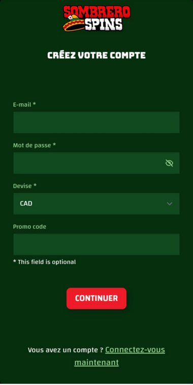 Sombrero Spins Casino Image du processus d'inscription 1