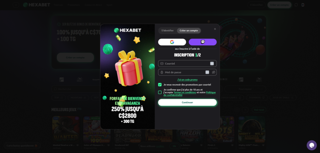 Image du processus d'inscription de HexaBet Casino