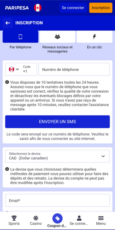 Image du processus de création de compte sur PariPesa Casino Image 1