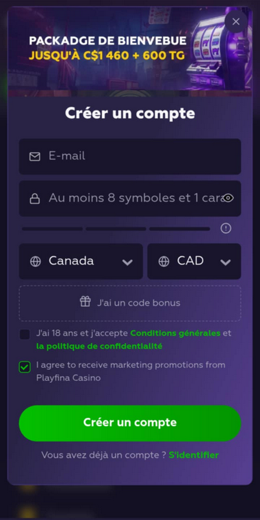 Illustration du processus d'inscription de Playfina Casino Image 1.
