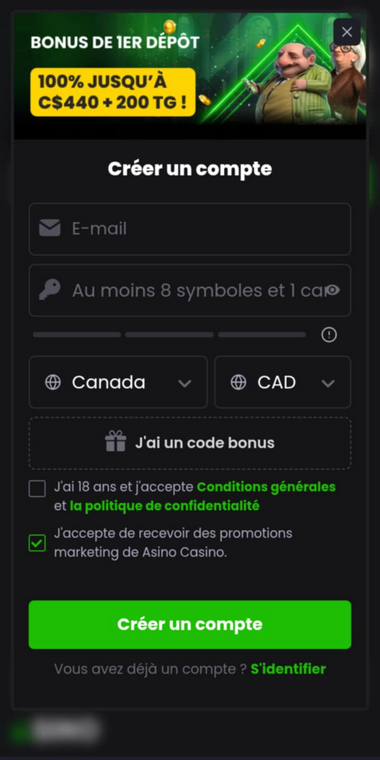 Image illustrant le processus d'inscription au casino Asino