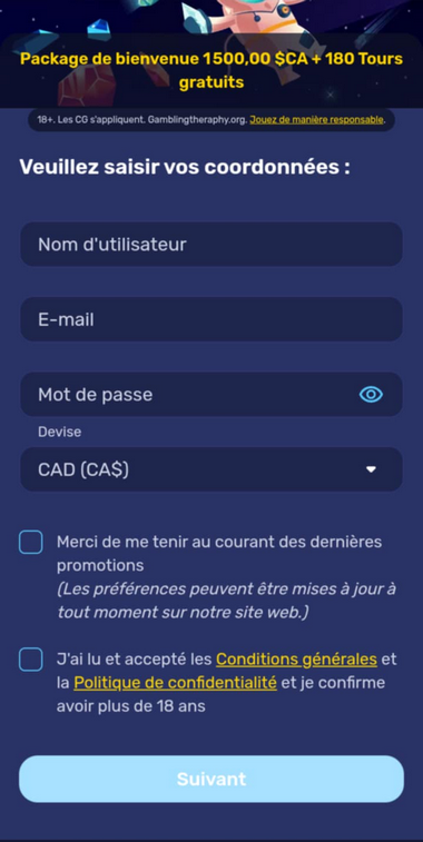 Galactic Wins Casino Image du Processus d’Inscription 1