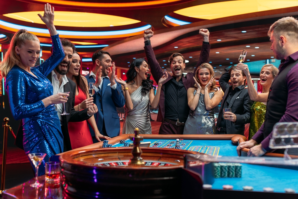 Amidst the buzz, guests in a casino VIP room celebrate their victory.