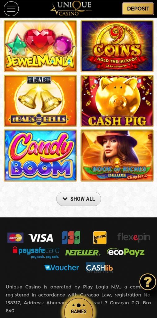 Unique Casino Mobile Preview 1