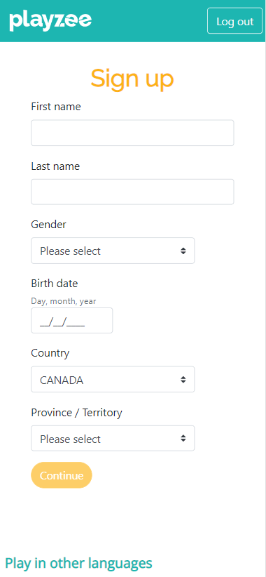 Snapshot of Playzee Casino Account Setup Process – Step 1