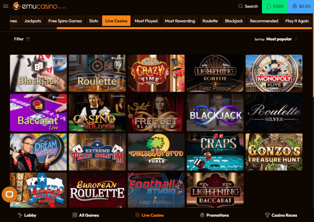 Emu Casino Desktop Preview 1