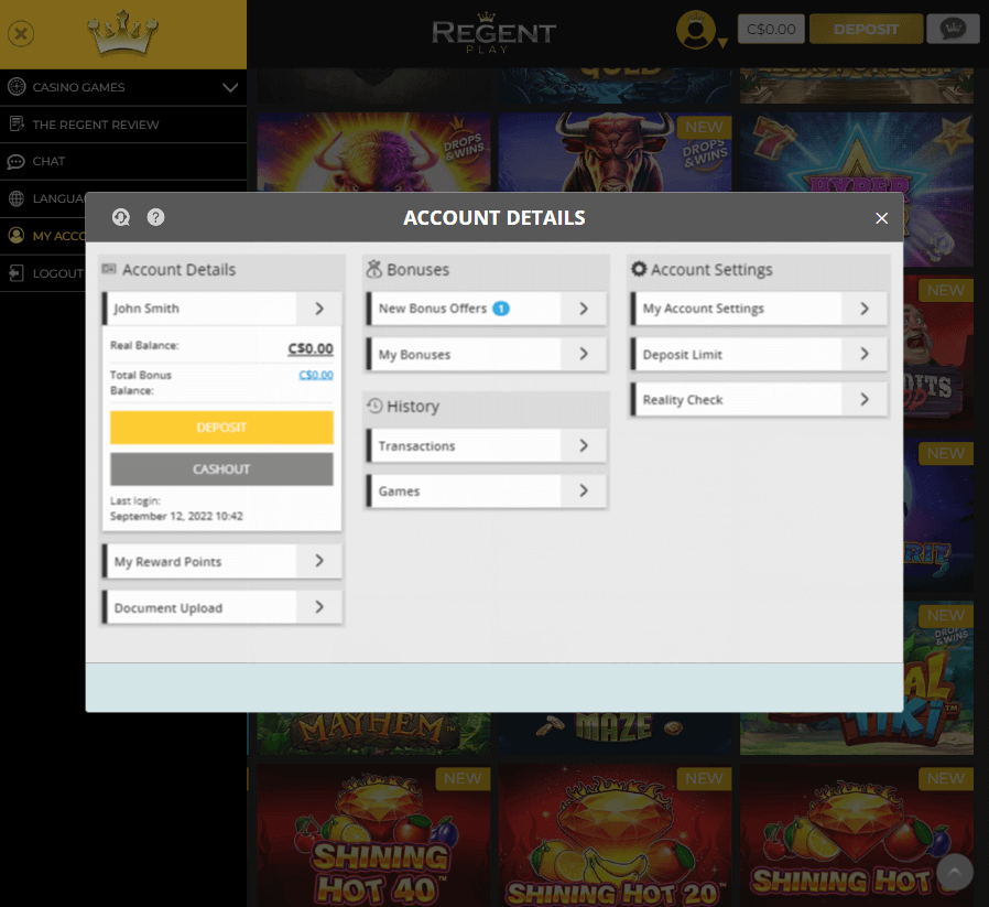 Regent Play Casino Desktop Preview 2