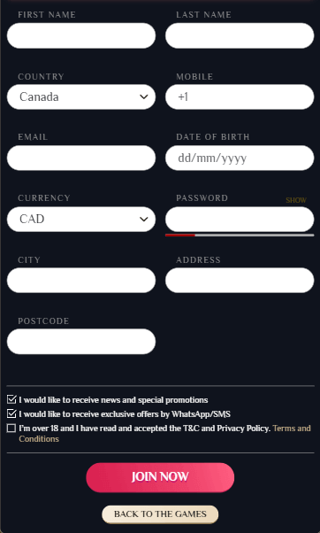 VegasPlus Casino Sign-Up Process Screenshot 1