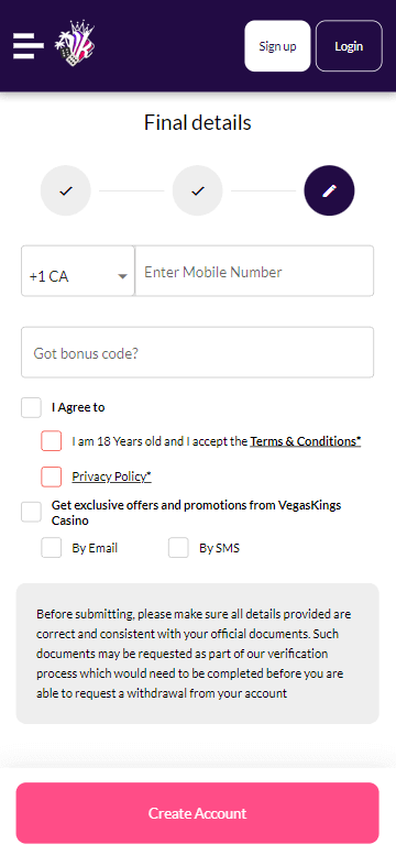 Vegas Kings Casino User Registration Process Snapshot 3