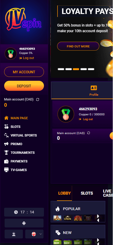 JVSpin Casino Mobile Preview 1