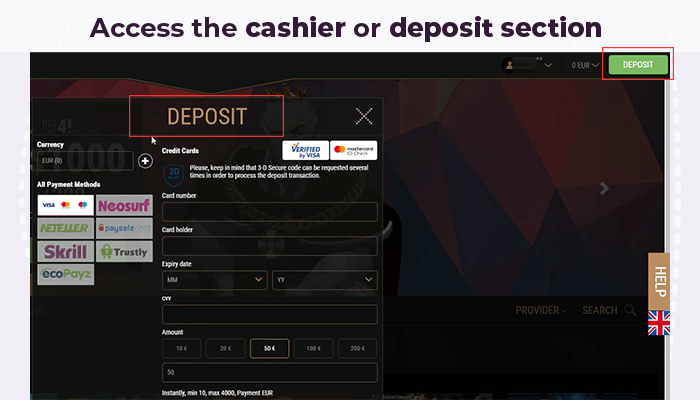 Cashier or Deposit area on casino website
