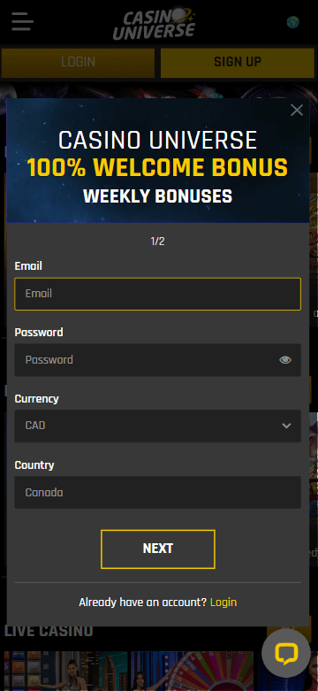 Image of the Casino Universe Registration Process 1