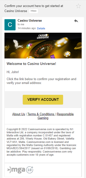 Image of the Casino Universe Registration Process 3
