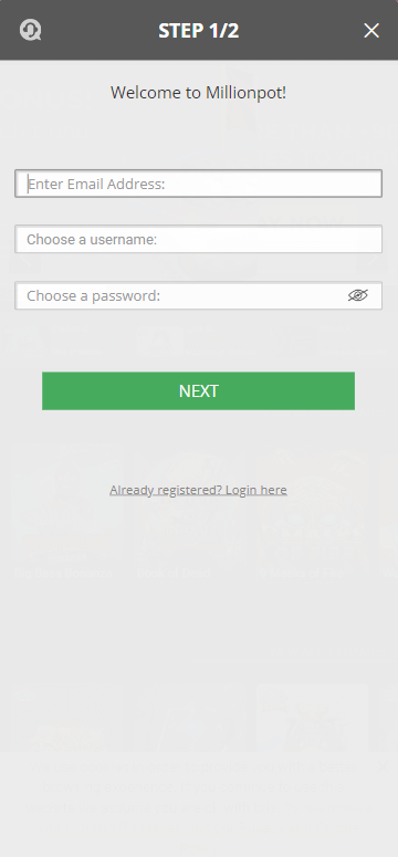 Step through the Millionpot registration process with illustrative guides.